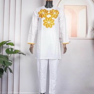 Elegant White and Yellow Embroidered Men's Dress Pants.
